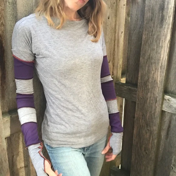Upcycled Womens Purple Patchwork Shirt Size Medium Long Sleeve Gray Thumb Holes - Picture 6 of 12